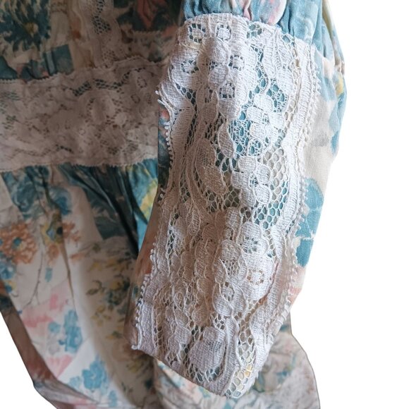Girls 7 True Vintage Boho Peasant Floral Lace Puff Sleeve Dress Tie-Back 1970's - Picture 4 of 9